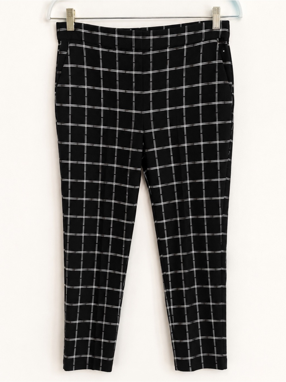 Zara Black Windowpane Plaid Ankle Pants L Elastic Back Waist Cropped Workwear